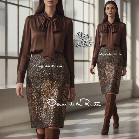 Oscar de la Renta RARE Fall 2008 runway chocolate sequin wool pencil skirt - Picture 4 of 13